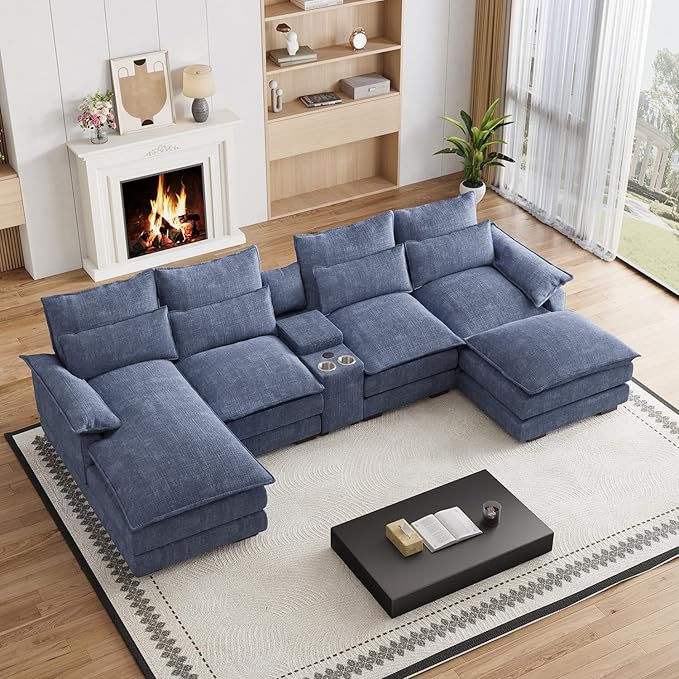 135" U Shaped Cloud Couch Sectional Modular Sectional Couches for Living Room Oversized Comfy Chenille Sofa Cloud Couch Set with Storage Central Console, USB Ports, Chaise Lounge, Ottoman, Blue