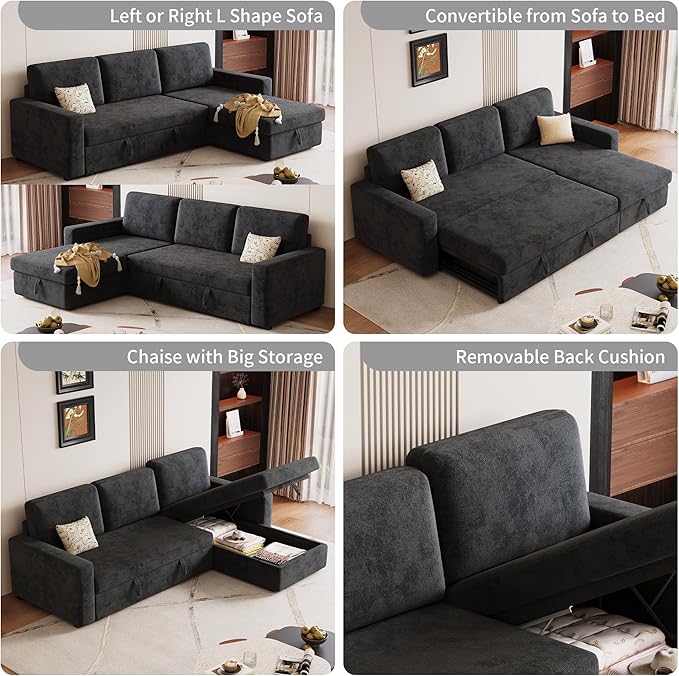 81.5" Convertible L Shaped Sleeper Sofa, 3-Seat Pull Out Sectional Couch with Storage Chaise & Removable Cushions, Chenille Fabric for Small Living Room Apartment, Dark Gray