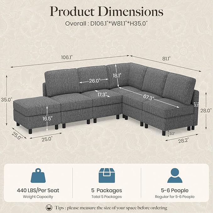 Belffin 107.1" 6 Seats L Shaped Couch Modular Sectional Sofa Seat Couch with Storage Comfy Washable Sectional Couches for Living Room Sofas with Chaise,Grey