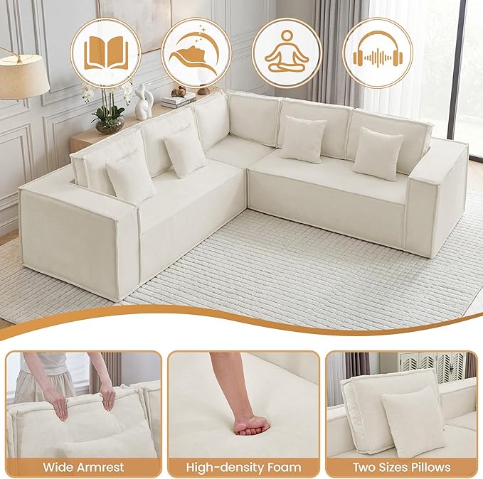 108'' Boneless Chenille L Shaped Couch, Oversized Modular Sectional 5 Seater Sofa, Modern Deep Seat Corner Cloud Compressed Couch, No Assembly Sleeper Sofa with Chaise for Living Room, Beige