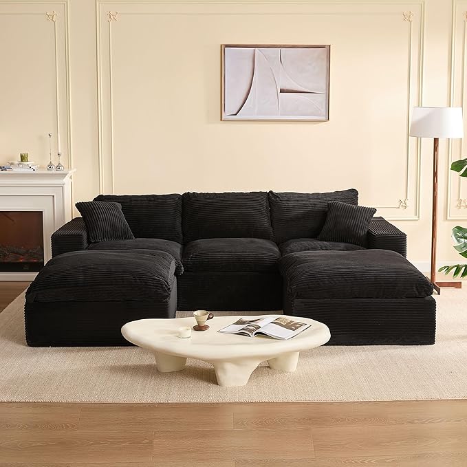 106.3” Sectional Couches for Living Room, Set of Cloud Couch, Modular Sectional Sofa, Convertible Sofas Bed, Deep Seat Sofa, U Shaped Cozy Sofa Furniture Set, Corduroy, Black
