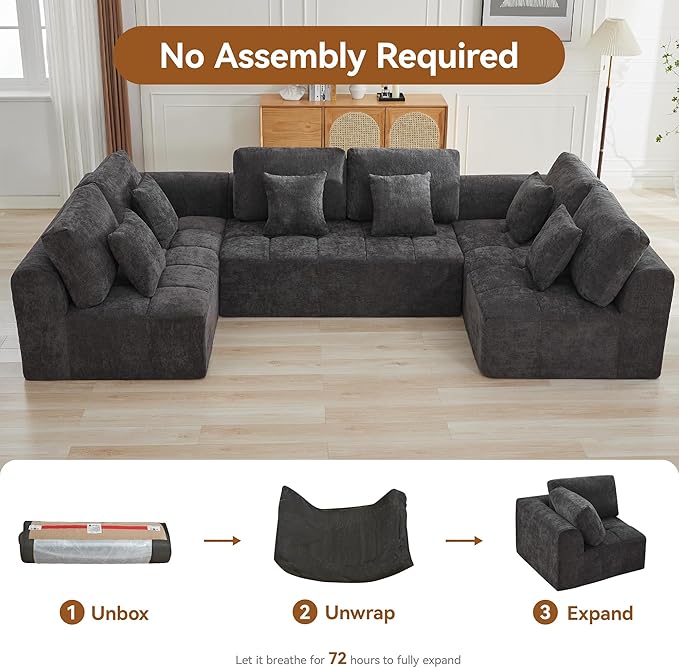 140''Modular Sectional Couches for Living Room, Cloud Boneless Compressed Sectional Sofa, Oversized U Shaped 6 Seater Upholstered Memory Foam Sofa, No Assembly, Chenille Grey