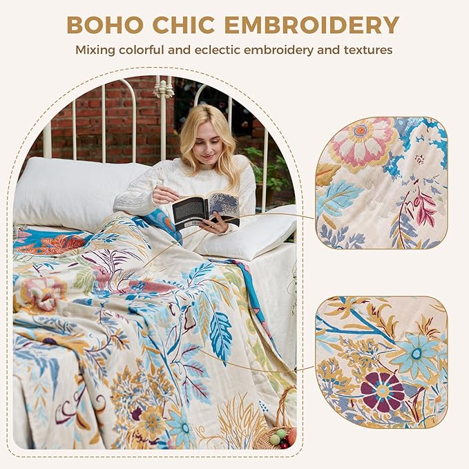 LUTBM Boho Throw Blanket for Bed Cotton Spring Blankets Twin Size for Bedroom Living Room All Season Lightweight Floral Embroidery Decorative Breathable Quilt for Couch Sofa Chair 60"x80"