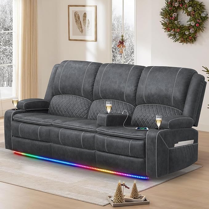 2026 Upgraded Recliner Sofa 3 Seater Couch with Recliner, Home Theater Seating with Liftable Console & Removable Armrest, Manual PU Leather Sofa Reclining with Storage & USB Ports (Velvet,Grey)