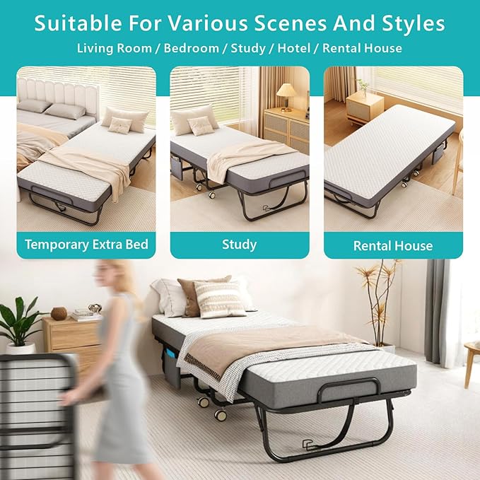 Folding Bed with Mattress for Adults, 75" x 31"Portable Cot-Size Rollaway Bed, Metal Frame Foldable Guest Bed with Memory Foam Mattress,Deluxe Single Beds with Side Storage Pocke