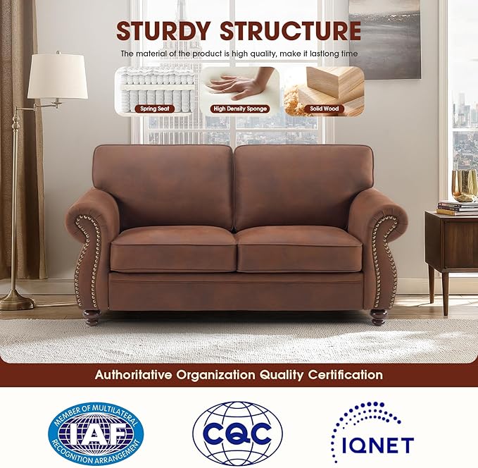 Mid-Century Vintage Sofa Couches with Rivet Design,loveseat Sofa,Removable Sofa Cover Upholstered Cushions and Solid Wood Frame (Caramel, Loveseat)