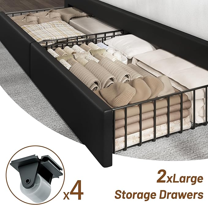 CypBed Queen Bed Frame with Headboard, Upholstered Platform Bed Frame Queen Size with 4 Storage Drawers, 3 USB & Type-C Charging Ports, Solid Wood Slats, No Box Spring Needed, No-Noise, Black,Gifts