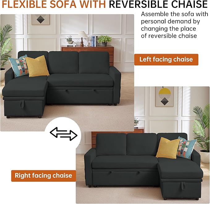 79" Sleeper Sofa Bed, Convertible Sofa Pull Out Couch with Storage | Reversible Chaise | L Shaped | Layered Storage | 3-Seater Comfy Sectional Couch Pullout Bed for Living Room, Black