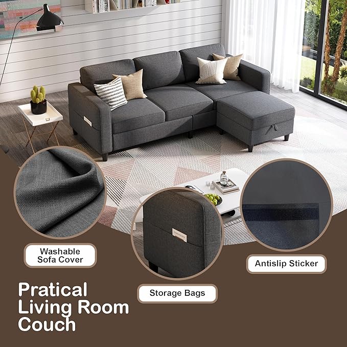 Sectional Sofas Couches for Living Room 78" L-Shaped Small Couch - Modern Linen Dark Grey Sofa with Storage Ottoman for Apartments, Studios Home Offices, Small Space