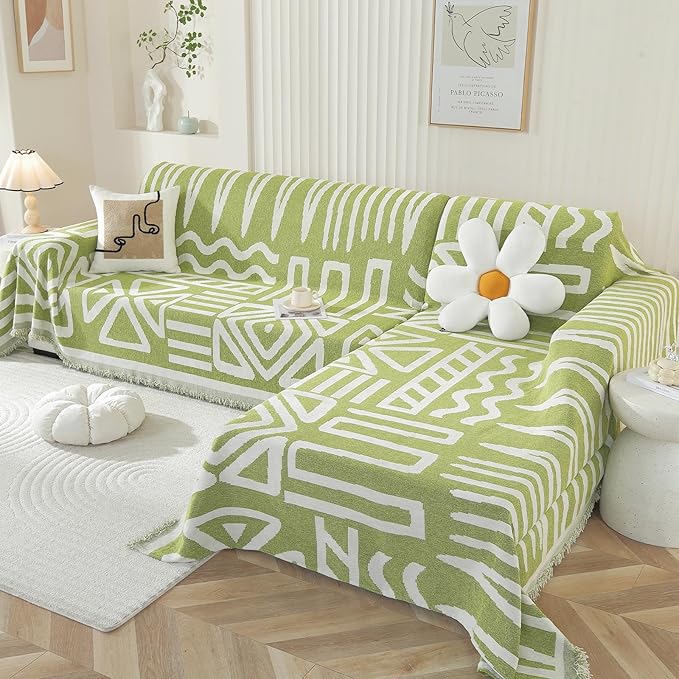 OstepDecor Boho Sectional Couch Covers 2 Pieces, L Shaped Sofa Cover, Chenille Couch Cover for Dogs Washable, Couch Cover Blanket, Sofa Slipcover for 2-3 Cushion Couch (71"x102"+71"x118", Green)