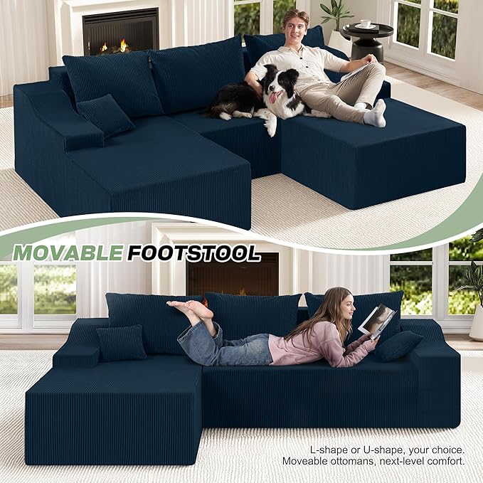 HABUTWAY 94“ U Shaped Modular Sectional Couch for Living Room, Modular Cloud Sofa with Ottoman, No Assembly Boneless Couches with Deep Seat, Corduroy Fabric (Blue, Left Facing)