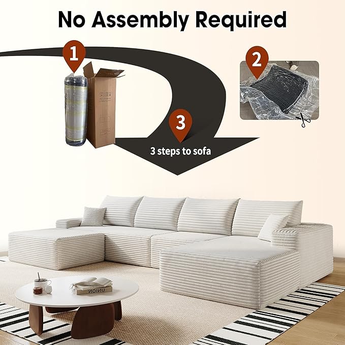 136" Sectional Couches for Living Room Cloud Couch Sofa with L-Shape Upholstered Boneless Couchs Modern Modular Sectional Couch with Chaise (White, 136" Right Facing Chaise+3Seaters+Ottoman)
