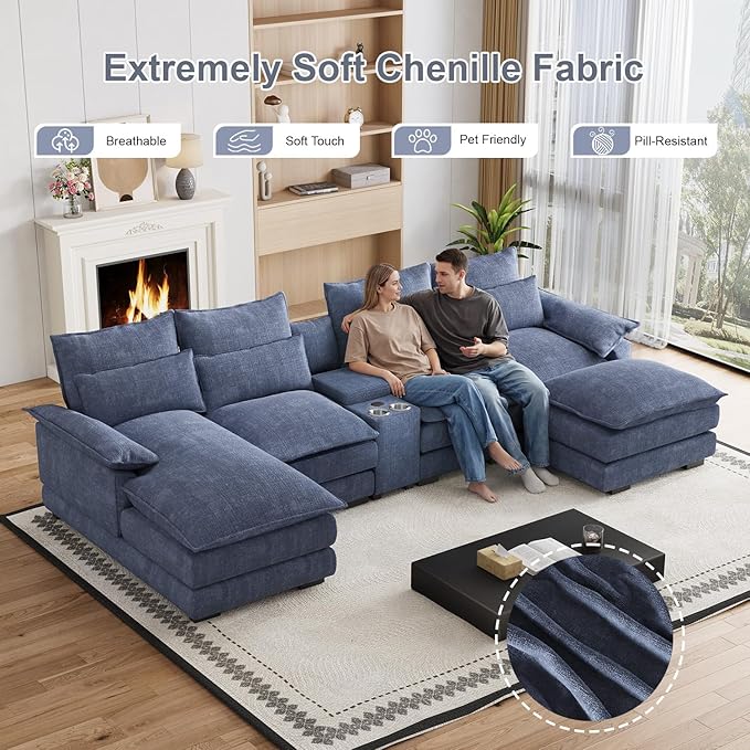 135" U Shaped Cloud Couch Sectional Modular Sectional Couches for Living Room Oversized Comfy Chenille Sofa Cloud Couch Set with Storage Central Console, USB Ports, Chaise Lounge, Ottoman, Blue