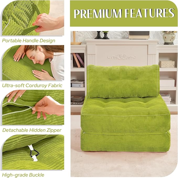 HABUTWAY Folding Sofa Bed, Convertible Sleeper Chair Bed w/Dual-Pillow & Handle, Foldable Floor Sofa Lounge w/Back Support for Living Room, Bedroom, Apartment, Office, Single, Green