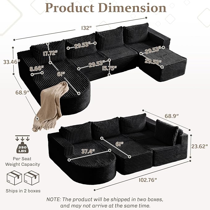 132” Boneless Couches for Living Room, L-Shaped Modular Sectional Sofa with Chaise & Ottoman, Modern Corduroy Cloud Couch with Deep Seat, Comfy Sponge Compression Convertible Sofas
