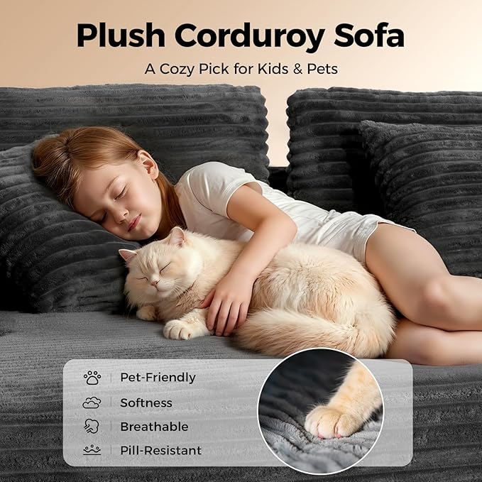 108” Cloud Sectional Couch, Modern Modular Sectional Sofa with Deep Seat, Corduroy Boneless Couches with Chaise, L-Shaped Sofa for Living Room, 4 Storage Pockets (Right Facing Chaise, Grey)