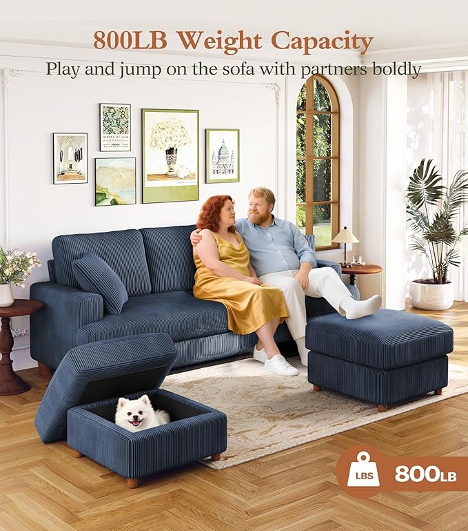 Kidirect 87in U Shaped Couch, Modular Sofa No Tool Assembly, Comfy Sectional Couches for Living Room 21in Deeper Seats, Corduroy Sofas for Living Room with 2 Pillows, Loveseat Sofa Set, Blue Couch | Comfy Corduroy, Oversized 87in Couch, 850LB Tough, To...