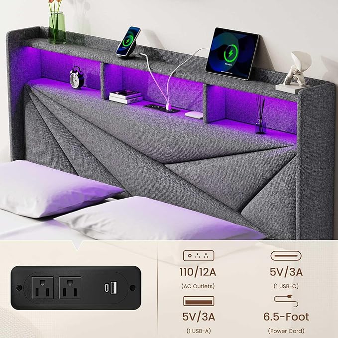 Driftalia LED Full Size Bed Frame with 2 Storage Drawers, Upholstered Full Bed Frame with Headboard and Charging Station, No Box Spring Needed, Easy to Assembly-Light Grey
