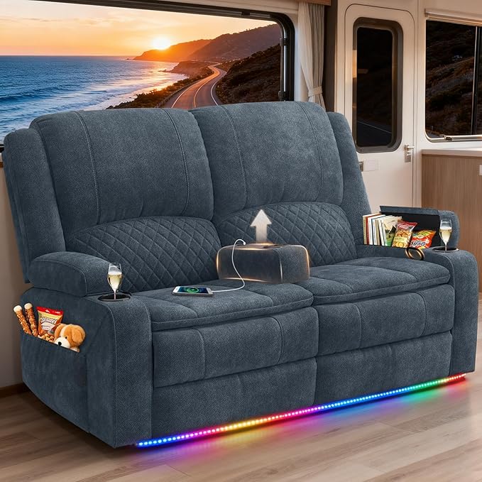 RV Loveseat Recliner Wall Hugger, Manual RV Reclining Loveseat with Removable Armrest, 3X Adjustable Theater Wall Hugger Loveseat Recliners with USB Ports, Cup Holders, Multi-Storage (Fabric,Blue)