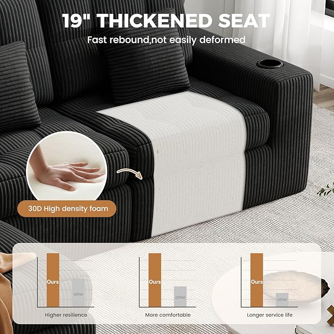 144" U Shaped Cloud Boneless Couch,Modern Modular Sectional Sofa with Layered Cushion,No Assembly Convertible Corduroy Couches for Living Room,Black 1 PCS