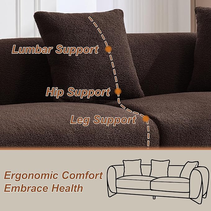 87" Sherpa Boucle Cloud Couch Modern 3 Seater Sofa with Solid Wood Legs, 25" Extra Deep Seat, Comfy Thick Cushion Upholstered Sofa Couches with 3 Pillows for Living Room, Brown