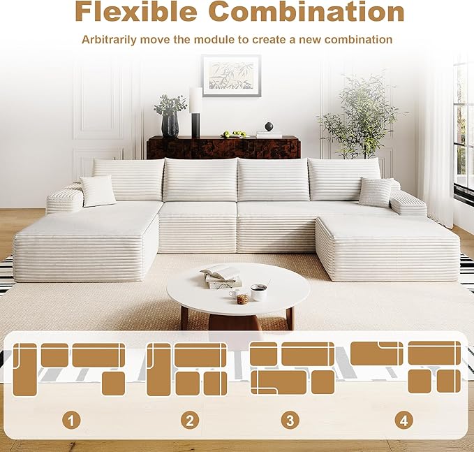 136" Sectional Couches for Living Room Cloud Couch Sofa with L-Shape Upholstered Boneless Couchs Modern Modular Sectional Couch with Chaise (White, 136" Left Facing Chaise+3Seaters+Ottoman)