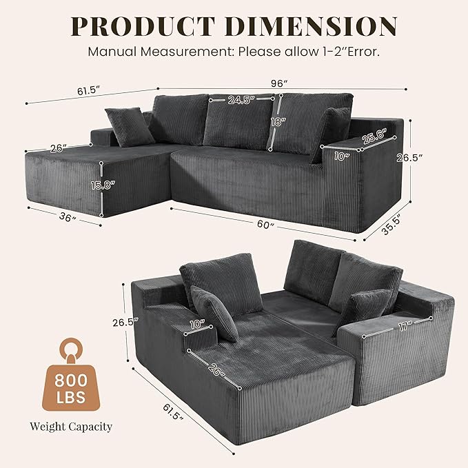 Cloud Sectional Boneless Couches for Living Room, Modular L Shaped Couch with Deep Seat Oversized Left Facing Chaise, Memory Foam Compressed Spineless 3 Seater Sofa for Apartment, Grey | No Assembly Required, Deep Seat, Cat-Claw Resistant, Flexible Mod...
