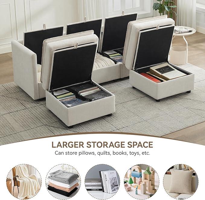 80" Cloud Modular 3 Seater Sofa with 2 Storage Ottoman, Modern Upholstered Storage Sofa Couch Deep Seat, U Shape Sectional Sofa Chenille Comfy Couch with Armrests for Living Room, Small Space, Beige | Modular Sofa, Storage Ottoman, Upholstered Sofa, Se...