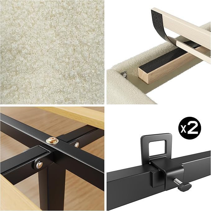 Queen Boucle Bed Frame, Platform Bed with Upholstered Wingback Headboard, Strong Wooden Slats Support, Noise-Free, Easy Assembly, No Box Spring Needed, Beige