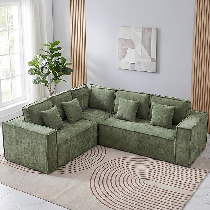 108'' Boneless Chenille L Shaped Couch, Oversized Modular Sectional 5 Seater Sofa, Modern Deep Seat Corner Cloud Compressed Couch, No Assembly Sleeper Sofa with Chaise for Living Room, Green