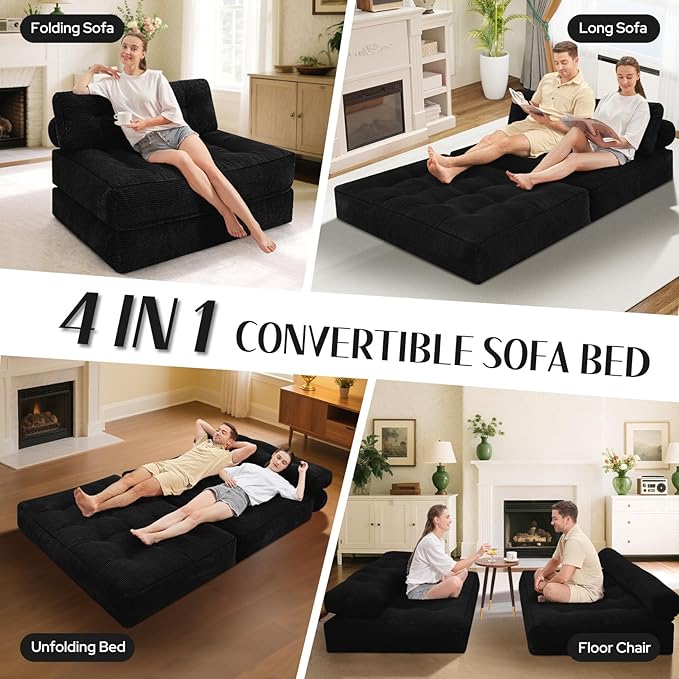 HABUTWAY Folding Sofa Bed, Foldable Floor Sofa Lounge w/Dual-Pillow & Handle, Convertible Sleeper Chair Bed w/Back Support for Living Room, Bedroom, Apartment, Office, Black, Full