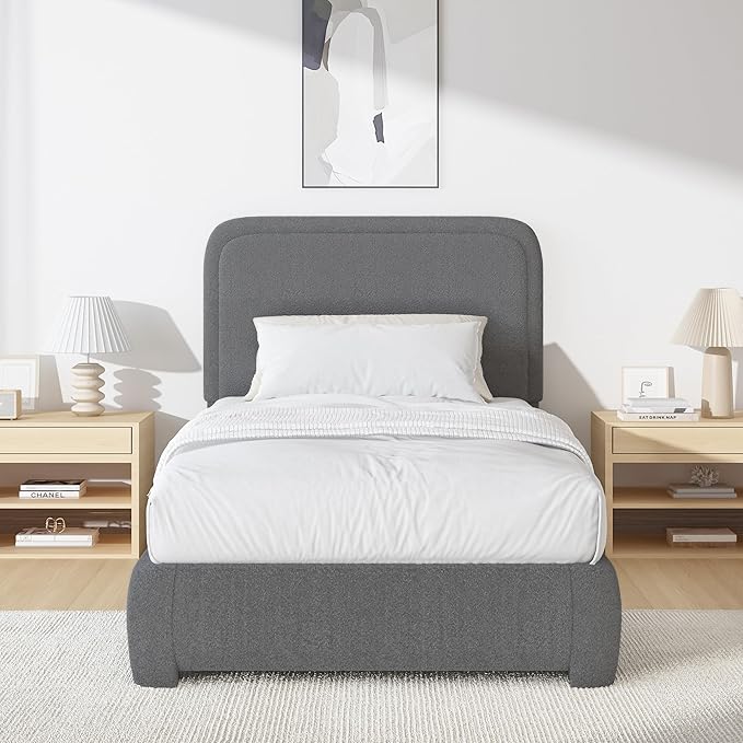BarnFurin Twin Size Bed Frame, Boucle Upholstered Platform Bed Frame with Headboard, Soft Rounded Corners, No Box Spring Required, Non-Slip and Noise-Free, Easy Assembly, Dark Grey