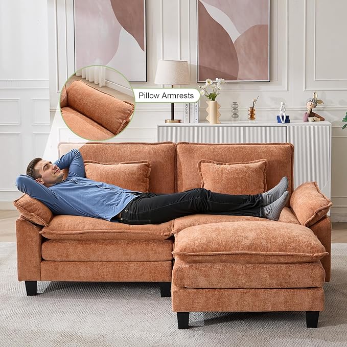 86" Modular Sectional Sofa, Comfy Cloud Couch Sectional Sofa with Ottoman, Chenille Sofa Sleeper Deep Seat Sofa with Throw Pillows for Living Room (Orange, 86"- L Shape)