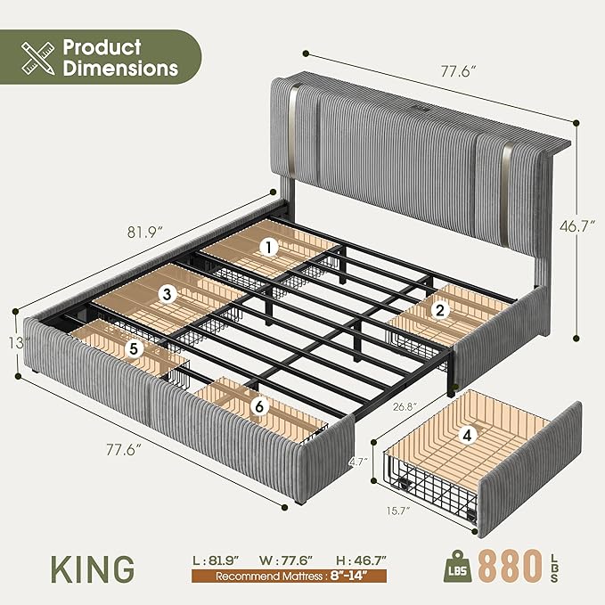 Homkdom King Size Bed Frame with 6 Storage Drawers, Soft Upholstered Bed Frame King with Adjustable Tall Corduroy Headboard, LED Light & Charging Station, 1200-LB Heavy Duty Metal Support,Modern,Grey