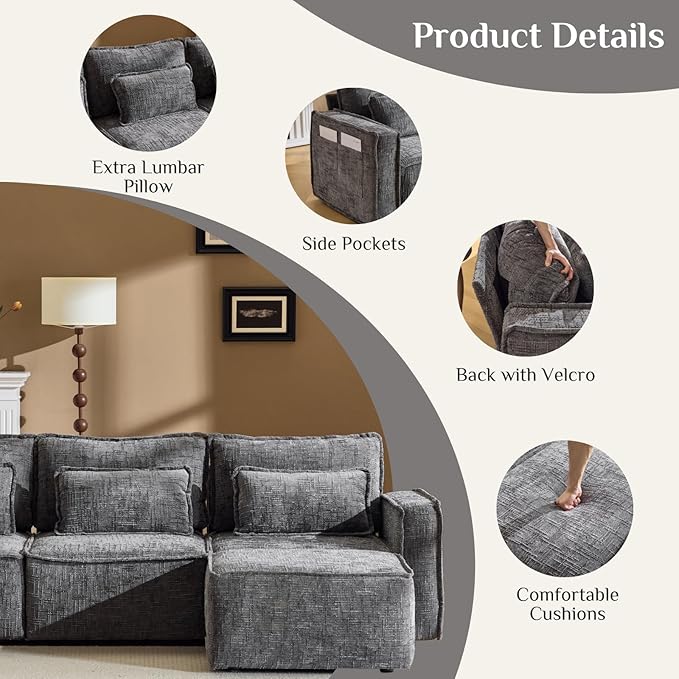 Karl home 110" Cloud Sectional Couches with Moveable Ottoman 3 Seat Boneless Modular Sofa Set L-Shape Convertible Couche with Chenille Upholstery for Living Room, Apartment, Studio, Gray