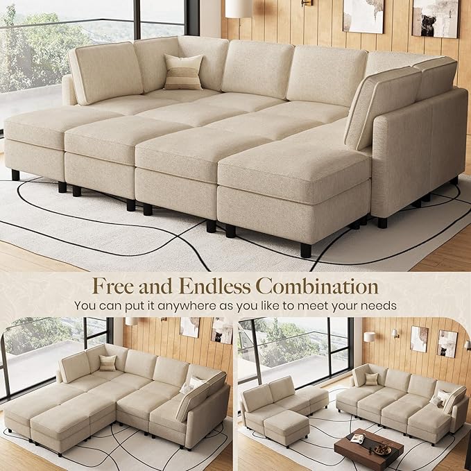 Belffin 110.2" 12 Seats Modular Sectional Sofa Sleeper Sofa Big Washable Sectional Couches for Living Room Comfy Couches with Storage Seat Couch Sofas with Chaise,Beige