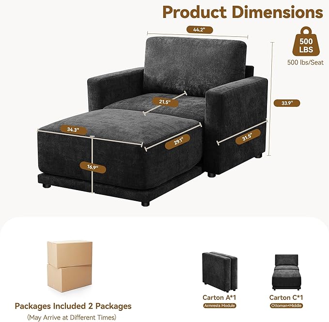 44.2" Chenille Oversized Chair with Movable Ottoman, Modular 1 Seat Couch with Thickened Cushions, Modern Single Sofa Chaise Lounge Reading Chair for Living Room, Small Apartment, Black