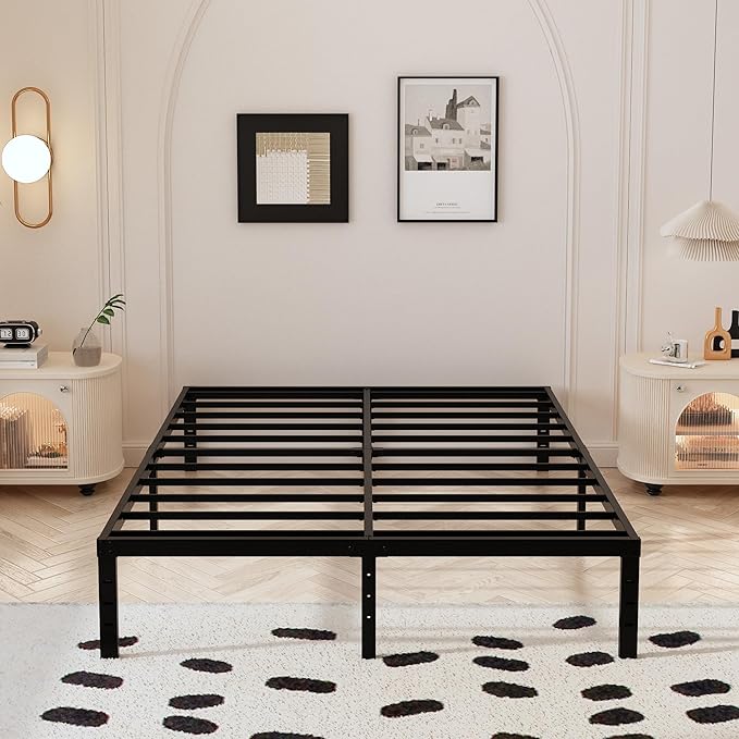 Maenizi Bed Frame Queen Size with White Fabric Cover 14 Inch, Heavy Duty Metal Queen Bed Frame, No Box Spring Needed, Support Up to 3000 lbs, Easy Assembly, Noise Free, Black