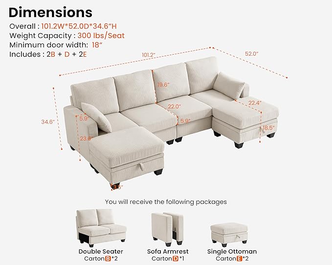 CHIC HOUSE Modular Sectional Sofa with Storage Ottomans, Corduroy Cloud Couch for Small Spaces & Apartments, Reconfigurable L/U Shaped Convertible Corner Sofa, Beige, 6 Seater Sectional