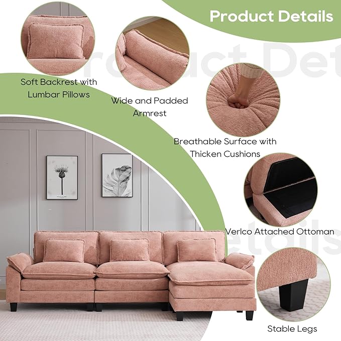 120" Modular Sectional Sofa, Comfy Cloud Couch Sectional Sofa with Ottoman, Chenille Sofa Sleeper Deep Seat Sofa with Throw Pillows for Living Room (Pink, 120"- L Shape)