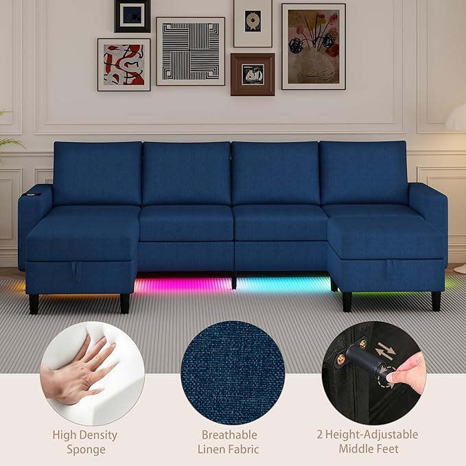 U Shaped Sectional Couches for Living Room, 109" Linen Cloud Couch with Chaise Lounge/Storage Ottoman, 4 Seat Sectional Sofa with Smart Module-Wireless Charging/USB/Type-C/RGB Lights (Blue)