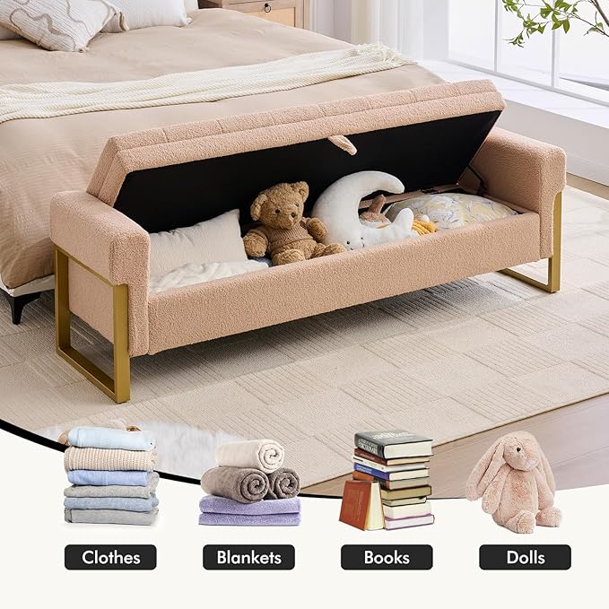 67" End of Bed Storage Bench King Size, Bench for Bedroom Foot of Bed, Upholstered Storage Ottoman with Gold Legs for Window Living Room, Teddy Camel