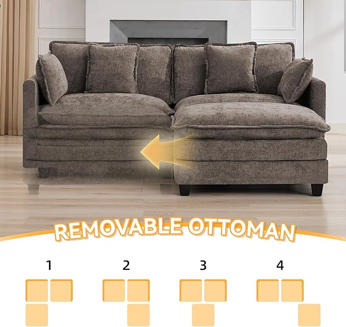 76'' Cloud Deep Seat Loveseat Sofa, Upholstered Chenille Modular 2-Seats Sectional Sofa Couch with Movable Ottoman, Modern Comfy Settee Loveseat for Living Room Set, Small Apartment, Brown