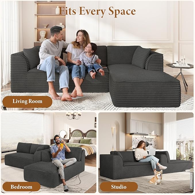 Vesgantti 106" Cloud Couch with Chaise, Deep Seat Fluffy Modular Sectional Sofa Corduroy Memory Foam Boneless Couches for Living Room Bedroom, No Assembly Required (Grey, Right-Facing Chaise)