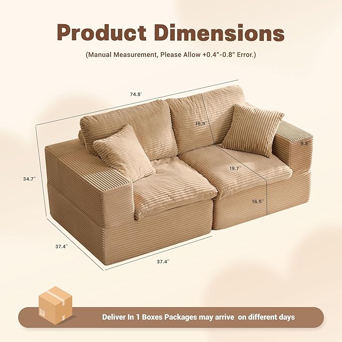 74.8” Set of Cloud Couch, Modular Loveseat Sofa, Convertible Sofas Bed, Deep Seat Sofa, Cozy Sofa for Living Room, Office and Bedroom, Corduroy, Camel