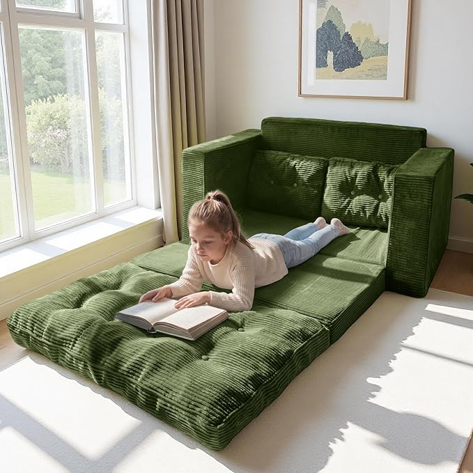 MAXYOYO Convertible Sofa Bed, Pull Out Loveseat Sleeper Sofa, 2 in 1 Folding Couch Bed, Fold Out Floor Couch with Pillows for Living Room Bedroom Lounge, Dark Green