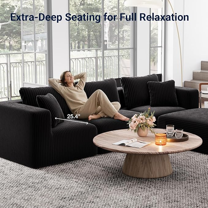 Avenco 71” 2-Seater Modular Loveseat, Individually Wrapped Coil Support & Corduroy Fabric, Zero Assembly 2-Piece Set for Small Space, Black