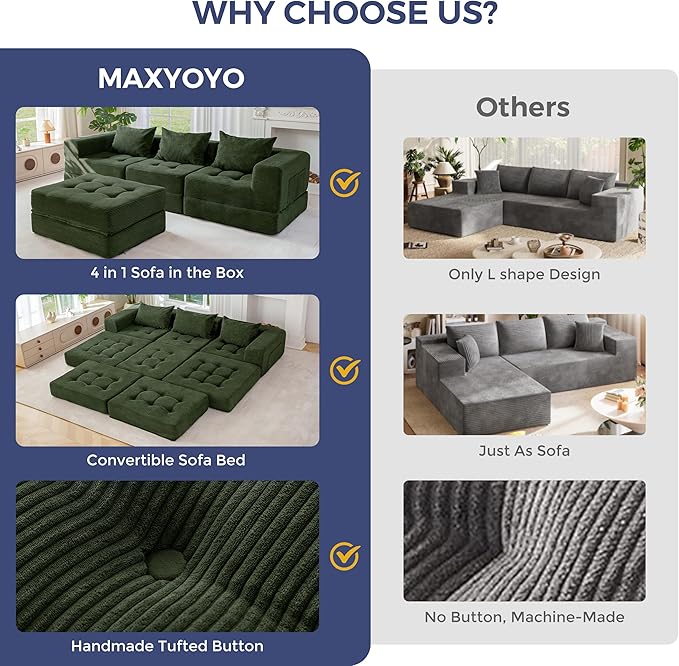 MAXYOYO Modular Sectional Sofa Couch, Foldable L-Shaped Folding Sofa Bed with Ottoman, Convertible Sectional Couch Corded Tufted Floor Sofa Lounger with Pillows for Living Room No Assembly, Dark Green