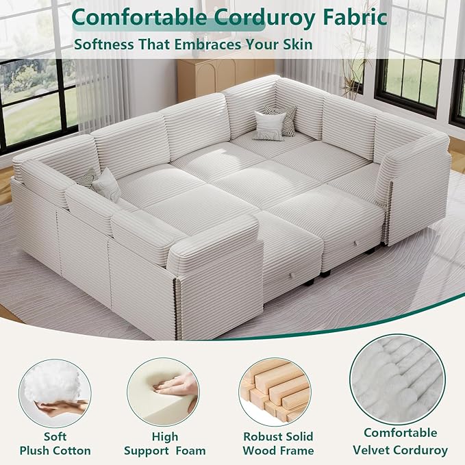 Modular Sectional Sofa with Adjustable Backrest, Large Convertible L/U-Shaped Sleeper Couch for Living Room, Cloud Sofa Bed Modern Reversible Design, Beige
