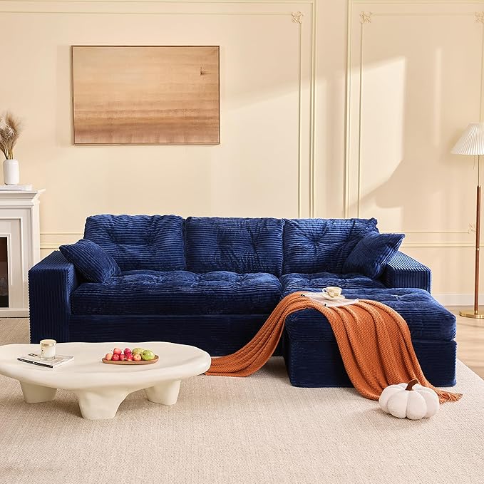 Modular Sectional Sofa, 102” L-Shaped Corduroy Couch with Ottoman, Deep Seat Comfy Sectional for Living Room, Set of Soft Upholstered Cloud Couch for Apartment, Blue